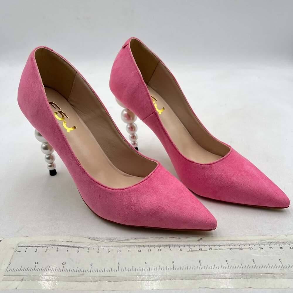 FSJ Pink Suede High Heels Pumps Pointed Toe Slip On Pearls Beaded Elegant Shoes - Picture 4 of 8